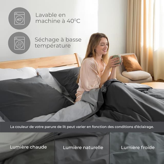 Detalle 2 de Dreamzie Parure de lit en coton réversible gris foncé 140x200 (housse de couette + taie 65x65) certifiée Oeko-Tex