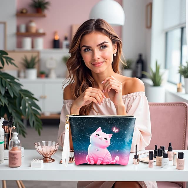 Detalle de BuyCard Cat-Themed Starry Sky Pink Cat Makeup Gift Bag with Zipper