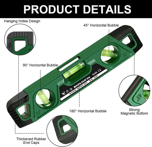 Detalle de Niveau à bulle magnétique Flintronic 230 mm avec 3 fioles (180°/90°/45°) en aluminium