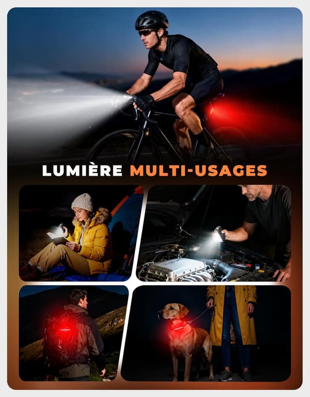 Thumbnail 6 de EOIWUY Lumière de vélo avant et arrière 1500 lm, 4+5 modes USB Type-C étanche IP65