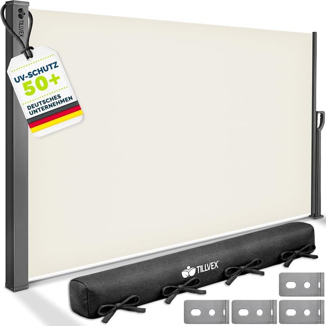 Detalle de tillvex® Seitenmarkise 160 x 350 cm ausziehbar mit Blickschutz & Regencover