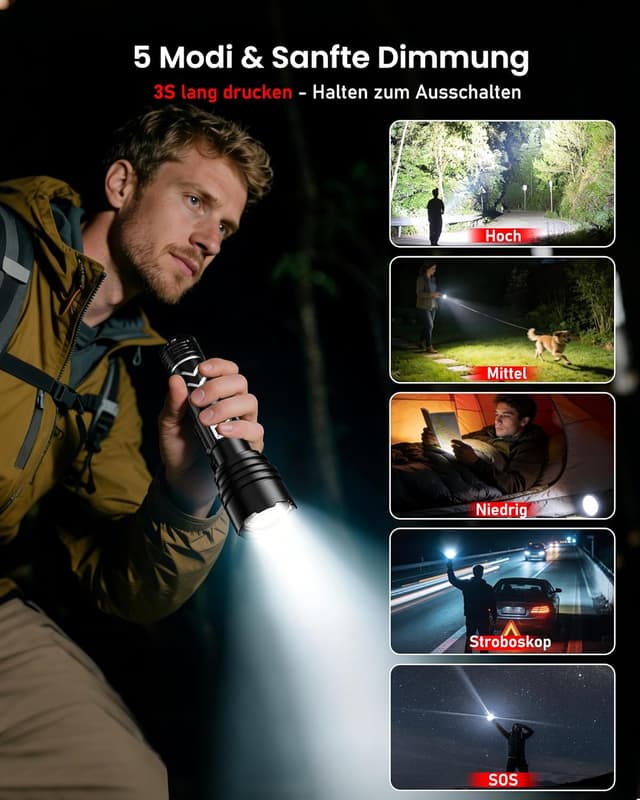 Detalle de Shadowhawk S1989 LED-Taschenlampe, 6000-mAh Akku, aufladbar (USB-C), mit Zündfunktion für Survival & Outdoor