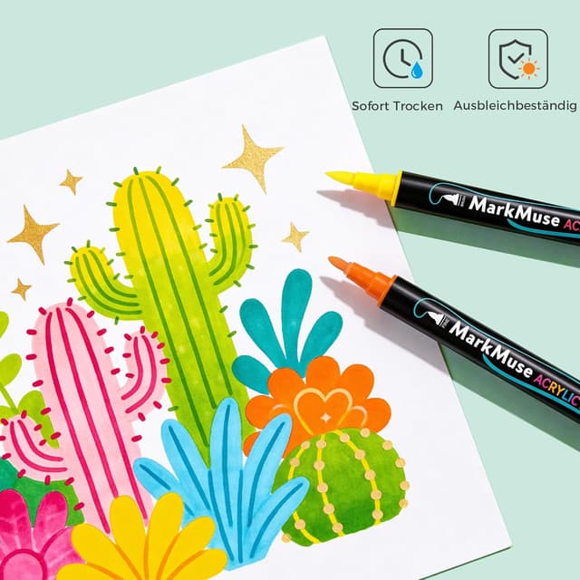 Detalle 1 de MarkMuse MarkMuse 72 Farben Acrylstifte-Set mit Doppelspitze – wasserfest, schnell trocknend für Glas, Holz, Stein & mehr