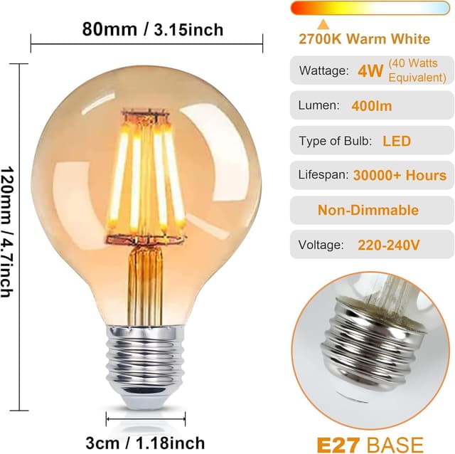 Detalle 2 de YUNRRD Vintage Light Bulb E27 LED Edison (G80) 4W, 2700K Warm White, Amber Glass, 400lm – Pack of 2