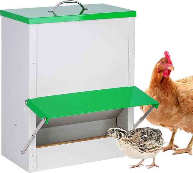 Detalle de MasXirch Futterautomat Hühner 11 kg – Metall-Futtertrog mit Deckel für Außenbereich