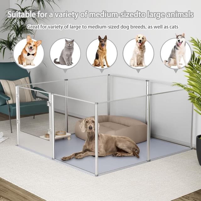 Detalle 1 de BingoPaw Acrylic Dog Playpen Fence – Extra Large Heavy-Duty Clear Exercise Pen (132cm x 132cm x H80.5cm) with Waterproof Fertility Pad