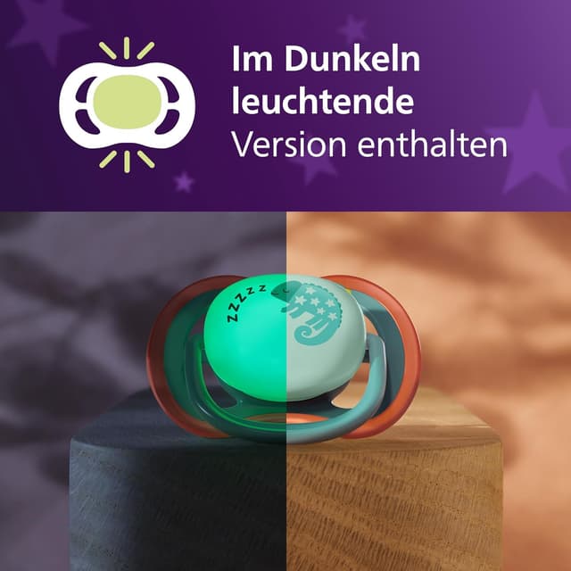 Detalle 2 de Philips Avent ultra air Day & Night Schnuller SCF087/27 (6–18 Monate) – kiefergerecht, leuchtet im Dunkeln, 4er-Set