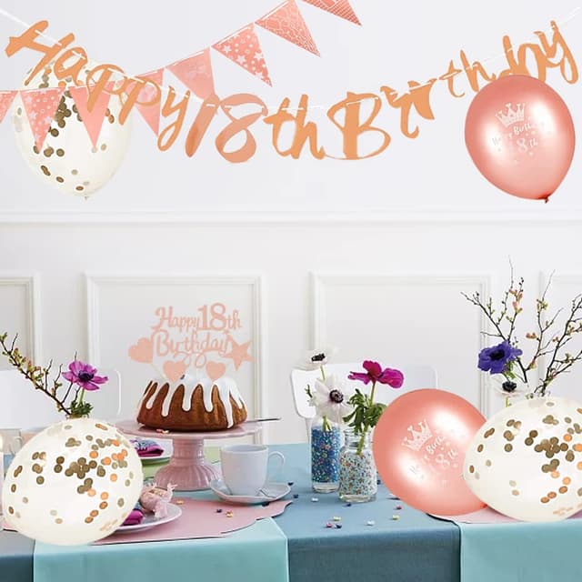 Detalle de DEARLIVES 18th Birthday Decorations set in rose gold (banner, sash, cake topper, flags & confetti balloons)