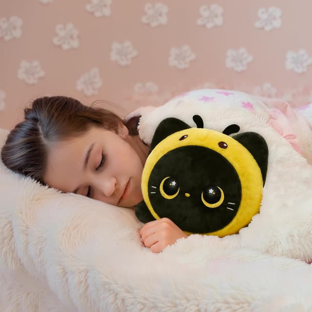 Detalle de MeWaii 16” Soft Black Cat with Bee Headgear Plush Pillow – squishy cuddle toy