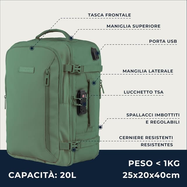 Detalle 2 de Zaino Bagaglio A Mano 40x20x25 Ryanair Easyjet 20L Zaino Borsa Verde Militare