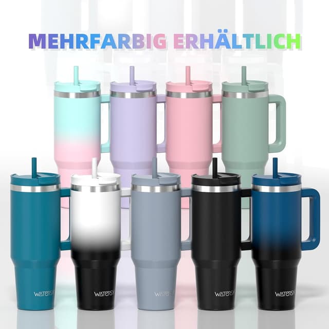 Thumbnail 6 de WATERSY 1,2 l Thermobecher mit 2 Strohhalmen – vakuumisoliert, BPA-frei, auslaufsicher unterwegs (Retro Grün)