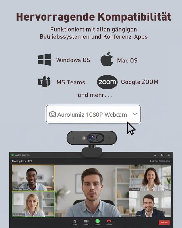 Detalle 2 de Aurolumiz 1080P FHD Webcam mit Dual-Privacy-Schutz, Mikrofon & ausziehbarem Stativ für PC/Laptop, Zoom, Teams