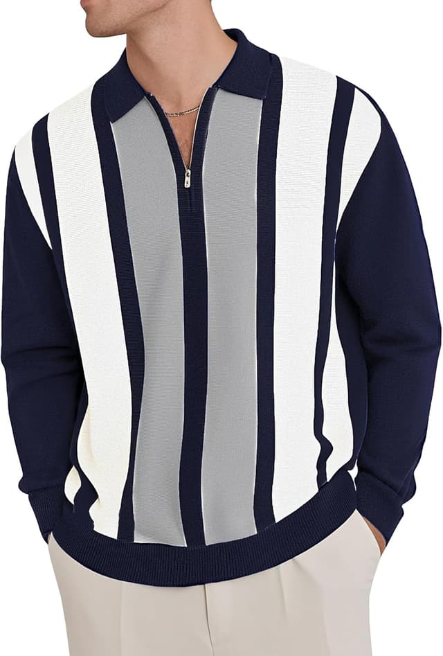 Detalle 2 de CTU Men’s Quarter Zip Striped Polo Jumper (Knitted Sweater) long sleeve, M–3XL