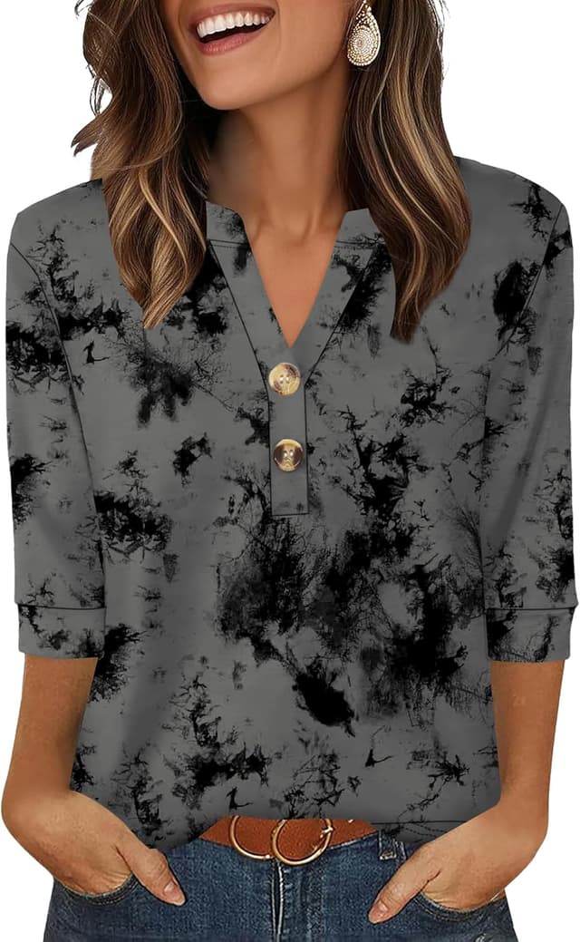 Detalle de Aokosor women’s 3/4 sleeve V-neck tunic top (office wear, curved hem)