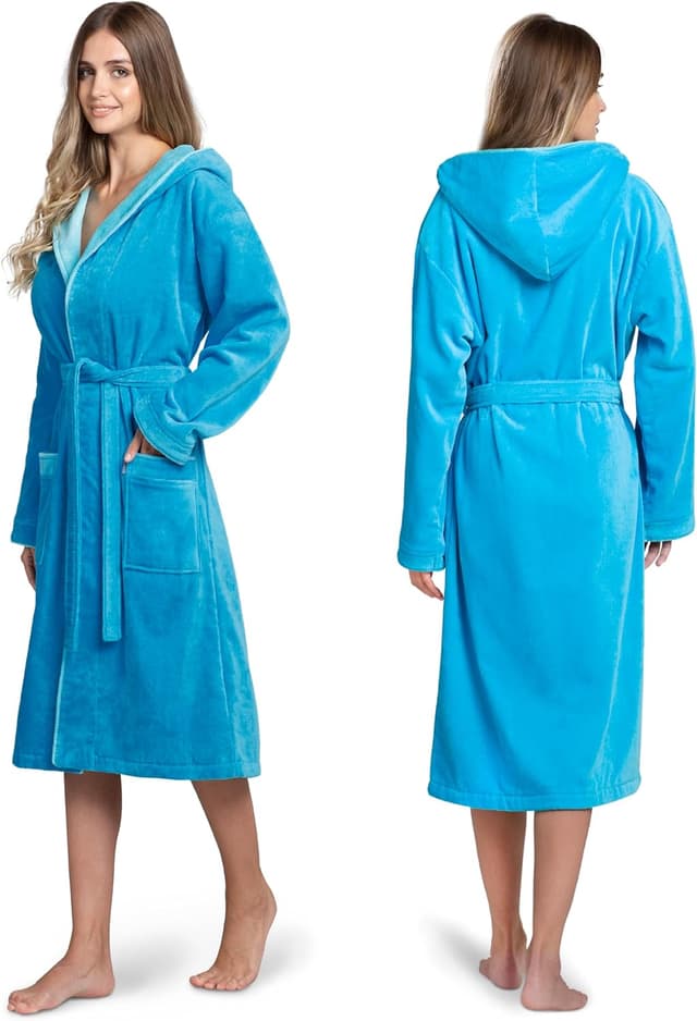 Detalle 2 de Twinzen Damen-Bademantel aus 100% Baumwolle mit Kapuze (Frottee-Velours), OEKO-TEX-zertifiziert