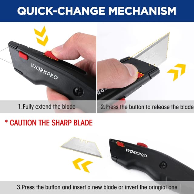 Detalle 2 de WORKPRO set di coltelli di sicurezza retrattile 3 pezzi con 10 lame di ricambio a cambio rapido (nero/rosso/blu)
