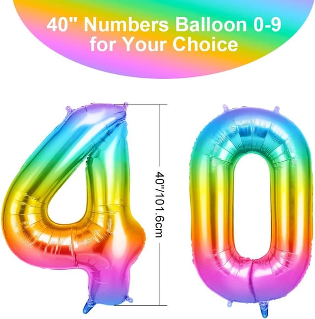 Detalle de OFFCUP Ballon d’anniversaire 40 ans arc-en-ciel avec chiffre 101 cm (foils) — lot de 2