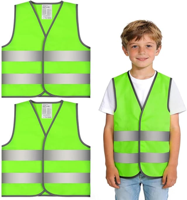 Detalle de AYBUY 2 Pezzi Giubbotto di Sicurezza per Bambini con bande rifrangenti (verde fluorescente)
