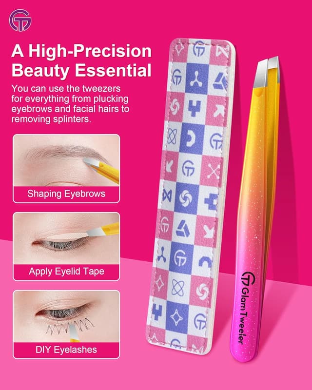 Detalle de GlamTweeler Expert Eyebrow Hair Removal Tweezer with Leather Case (Sparkle Fuchsia & Yellow) – Slant Tip Stainless Steel