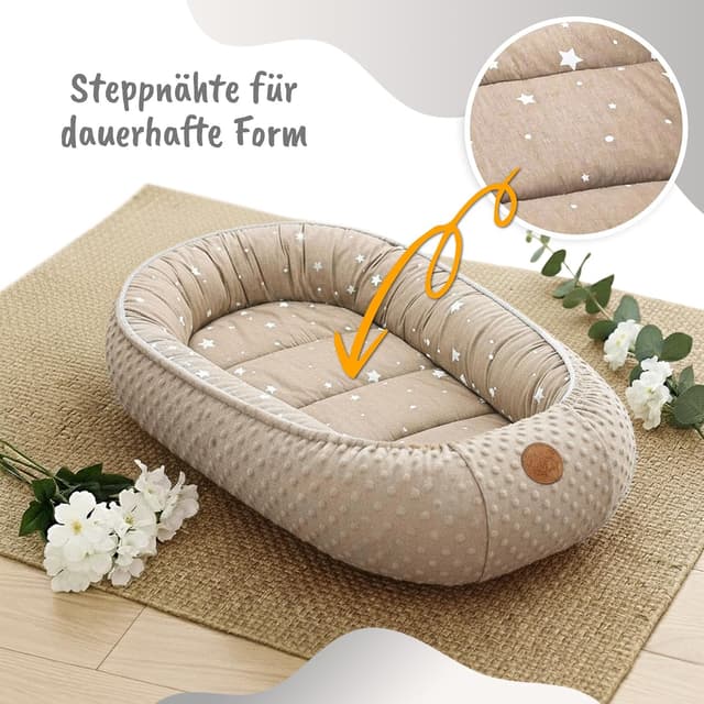 Detalle de Nestchen Baby Babynestchen für Neugeborene aus Baumwolle & Minky, tragbares Nest für Kinderbett, Beige mit weißen Sternen