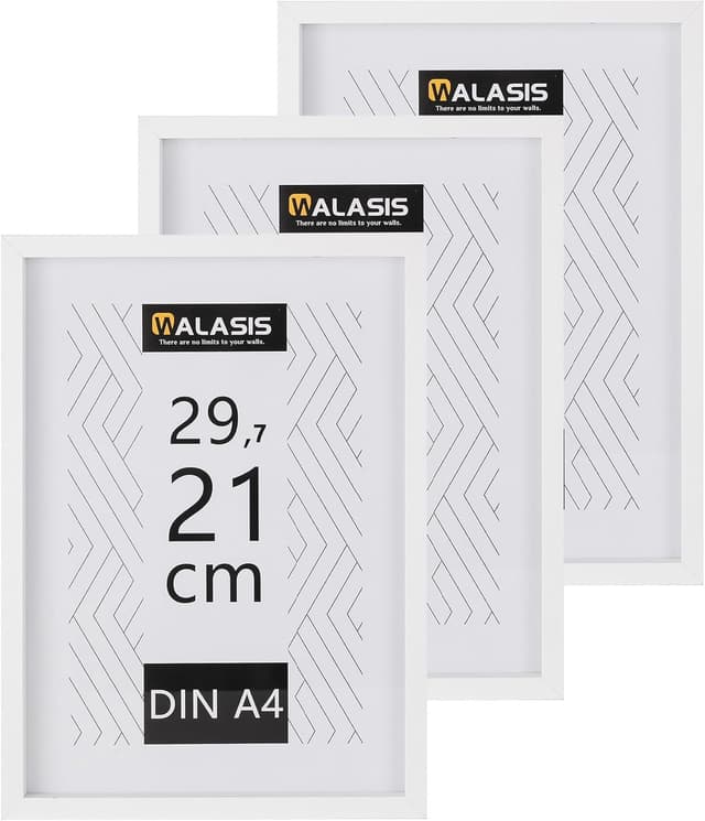 Detalle de Walasis Bilderrahmen A4 Weiß – 3er-Set MDF Holzrahmen (21×29,7 cm) mit Aufhängung