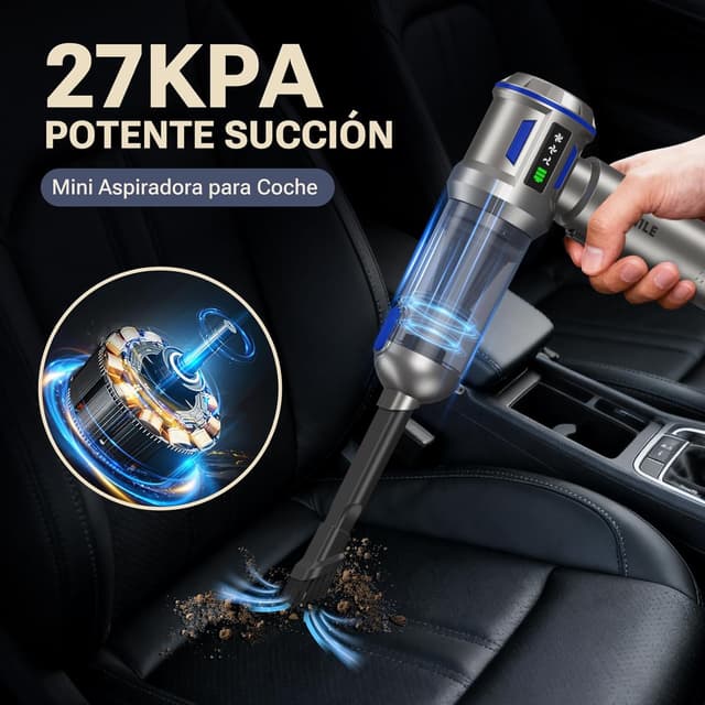 Detalle 2 de Yomile Aspirabriciole Senza Fili 4 in 1 AD10 (27000PA) per auto: aspirazione, soffiaggio e gonfiaggio