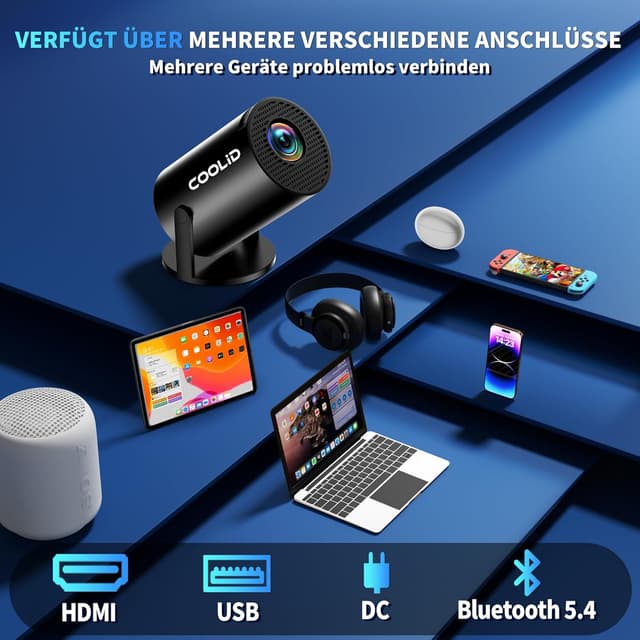 Detalle de Tragbarer Mini-Beamer mit WiFi 6 & Bluetooth 5.4, 1080p/„4K“ Decoding und Android TV – kompakt für Zuhause & unterwegs (schwarz)
