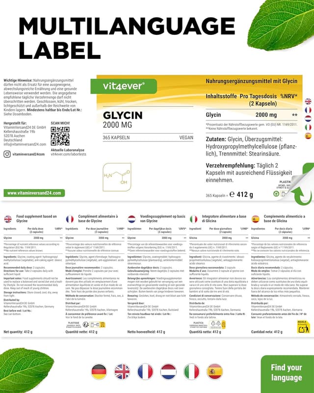 Detalle de vit4ever Glycin 365 Kapseln – hochdosiertes L-Glycin (2000 mg/Tag) vegan