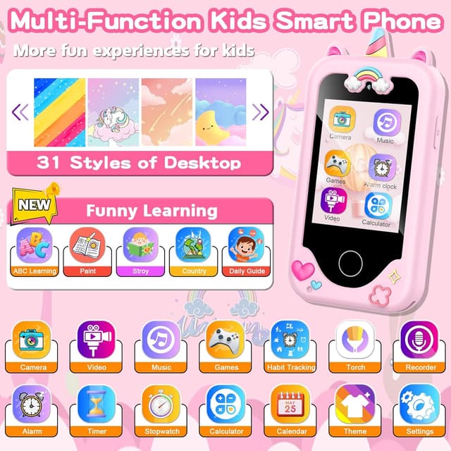 Detalle 2 de Luoba Kids Smart Phone for Girls & Boys (Pink) 2.8" Touchscreen Toy Phone with Dual Camera, Games, Music & 8GB Card