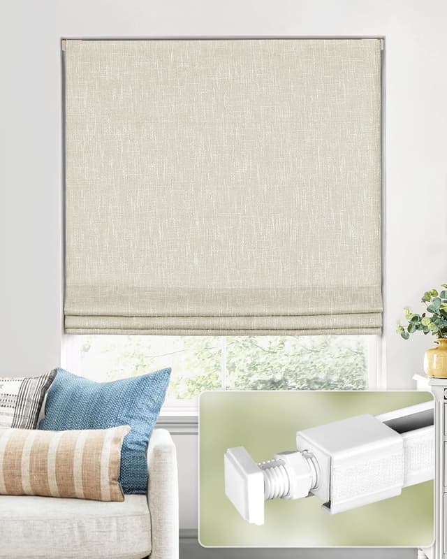 Detalle de No Tools No Drill Cordless Roman Shades (35" W × 64" H) 100% Blackout Beige for Inside-Mount Windows
