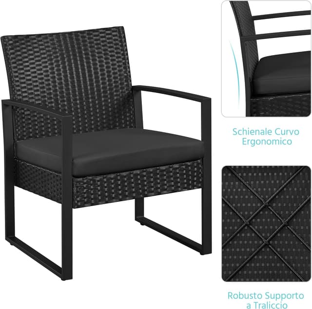 Detalle de Yaheetech set mobili da giardino in poly rattan con 2 sedie e tavolino per balcone, nero con cuscini