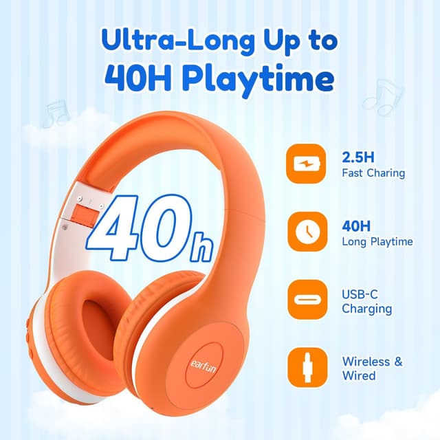 Detalle de EarFun Bluetooth-Kopfhörer für Kinder (85/94 dB) mit HD-Mikrofon, 40 Std. Akku und faltbarem Design – Orange