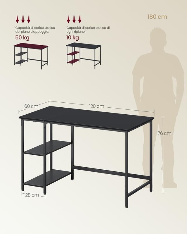 Detalle de VASAGLE Scrivania per computer LWD047B16 120 x 60 cm in nero ebano, tavolo da lavoro stabile per ufficio e casa