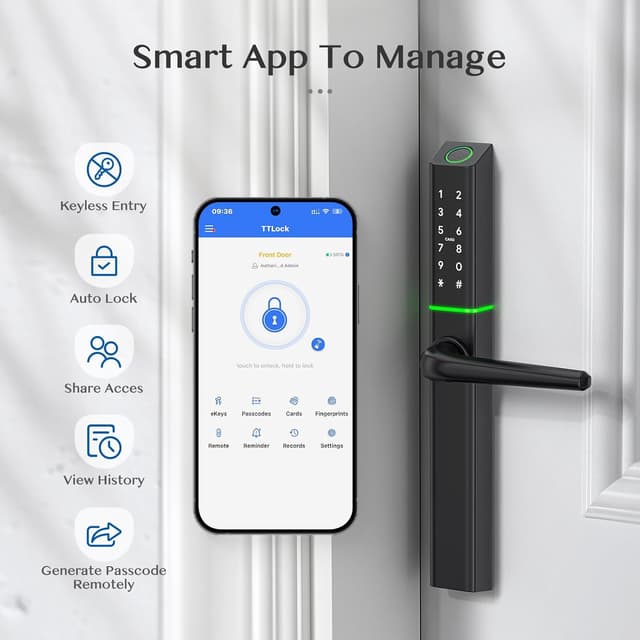 Detalle de Ruveno Weatherproof Smart Door Lock with Handle (Fingerprint, Code & Bluetooth App) — slimline digital deadbolt
