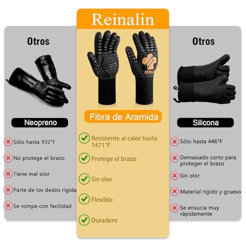 Thumbnail 5 de Reinalin Guantes Barbacoa Cocina Resistente al Calor hasta 800 ° C Guantes de Piel para Barbacoa Guantes de Cocina de Silicona Antideslizante para cocinar, soldar, Chimenea (L/XL/XXL, Dorado)