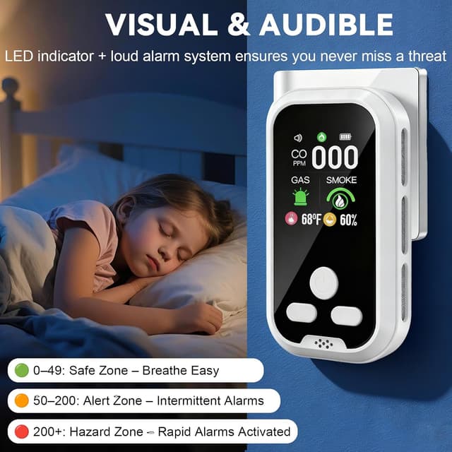 Detalle 2 de 6-in-1 Carbon Monoxide Detector Combo with LCD Display (CO, Natural Gas, Smoke, Temperature & Humidity) – White