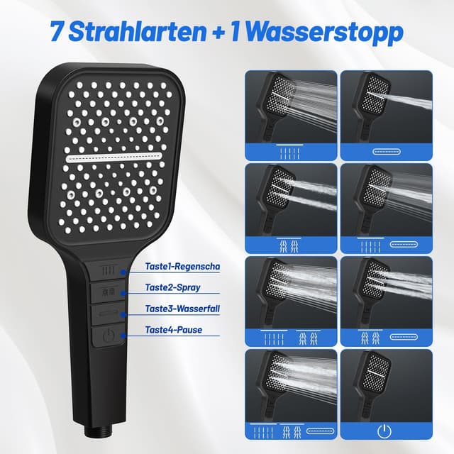 Detalle 2 de VEHHE Duschkopf mit 7 Strahlarten, Regendusche und Stopptaste (½")