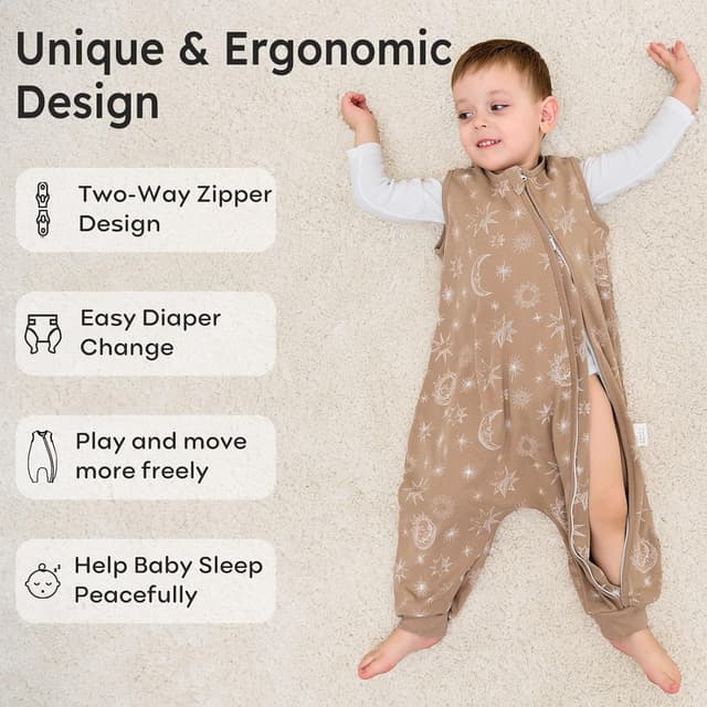 Detalle de Unnivoll Baby-Schlafsack mit Füßen 1,0 Tog (Baumwolle), Sommer 2er-Pack – 80 cm, beige