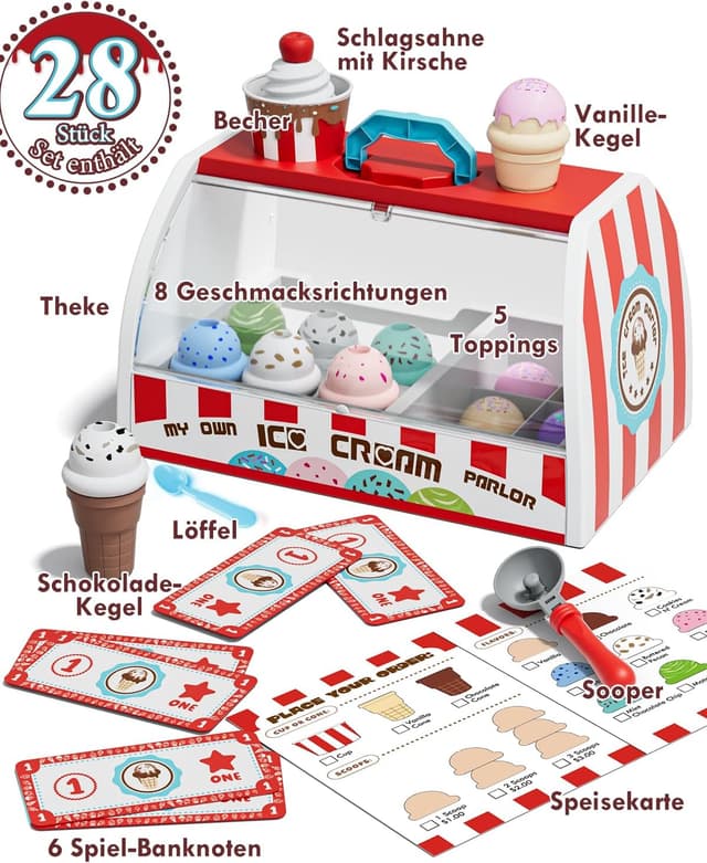 Detalle de Lehoo Castle Eisdiele Kinder-Spielset ab 3 Jahren (Zubehör für Kaufladen & Kinderküche) – rot