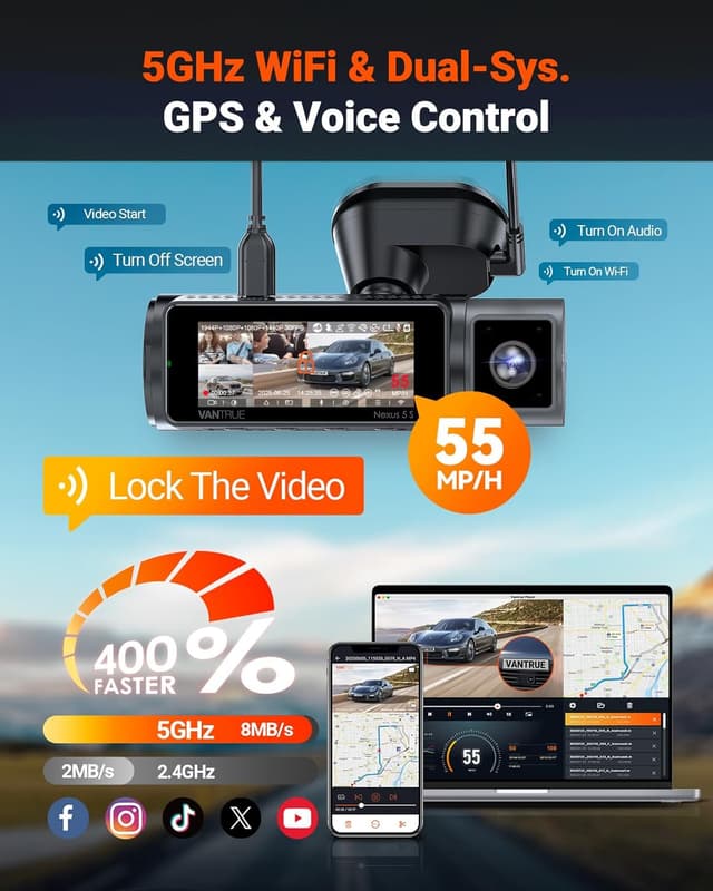 Detalle de Vantrue N5S 4-Channel 360° Dash Cam with 2.7K Front + Dual GPS, 24/7 Buffered Parking Mode, and Voice Control