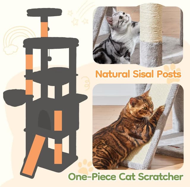 Detalle 2 de Taoqimiao 183cm Cat Tree (MS045W) with Big Cat Platforms, Scratching Posts & Metal Hammock