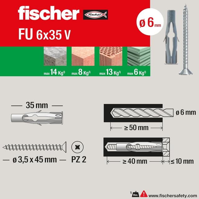 Detalle 2 de FISCHER Chevilles 25 pièces 6 x 3,5 mm (FU) pour fixation universelle