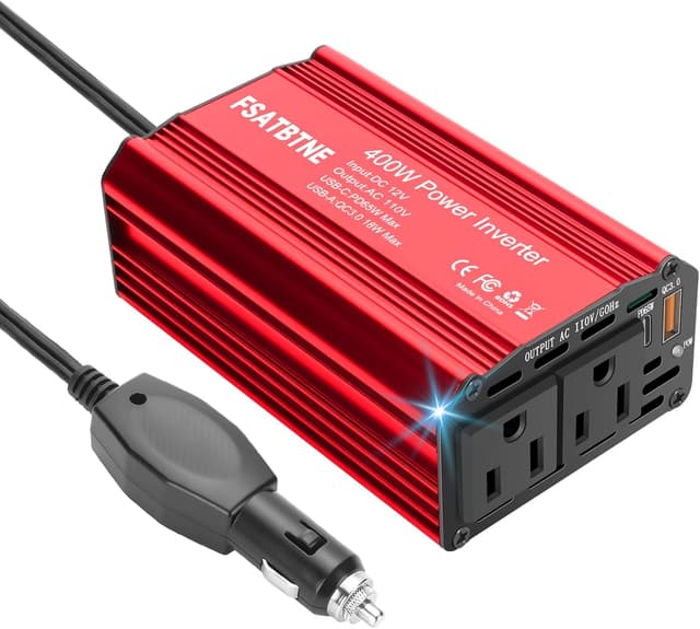 Detalle de FSATBTNE 400W Power Inverter (DC 12V to 110V AC) with 65W USB-C, 18W USB-A, and 2 AC Outlets