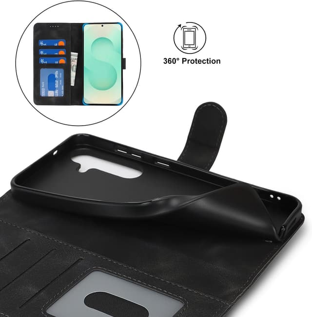 Thumbnail 6 de Zouzt Hülle für Samsung Galaxy S25 Plus – Stoßfeste PU-Leder Klapphülle mit Kartenhalter und Standfunktion (Vintage Schwarz)