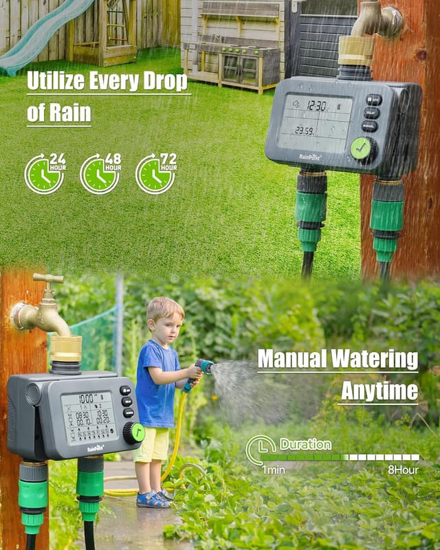 Thumbnail 6 de RAINPOINT Centralina irrigazione con 2 uscite, timer con ritardo pioggia, IP54 e LCD grande (ingresso/uscita in ottone)