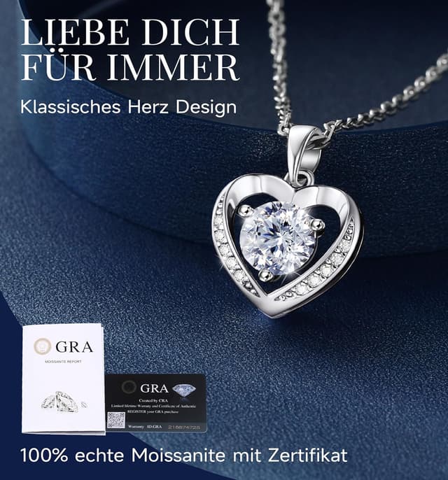 Detalle 2 de MomentWish Damen-Halskette aus 925 Silber mit Herz-Anhänger und Moissaniten (1–2 Karat)