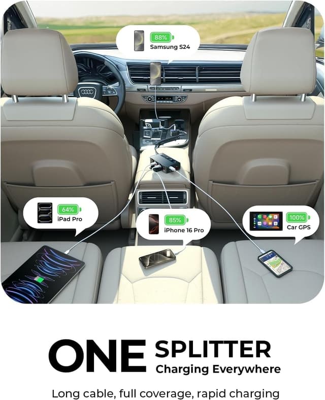 Detalle de LISEN 9 in 1 Car Cigarette Lighter Multi Socket (191W) with USB-C PD 30W and QC 3.0