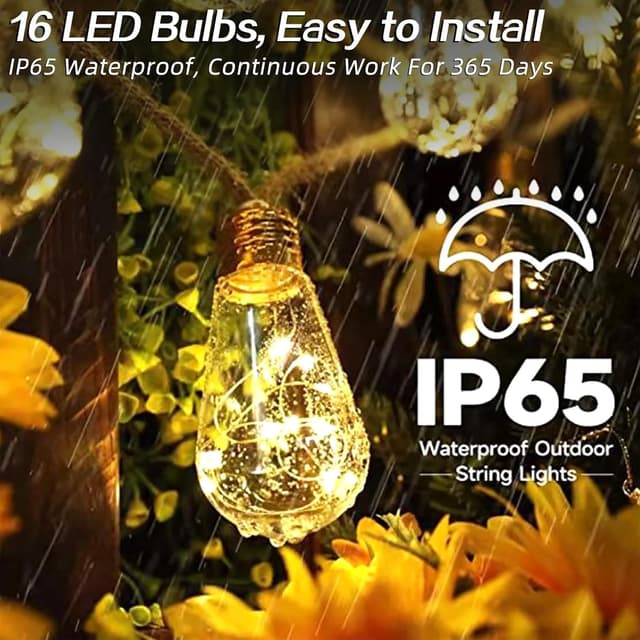 Thumbnail 6 de Cnulenzt Solar-Lichterkette außen mit 16 Vintage-Glühbirnen, 8 Modi, 8 m – IP65 (Warm Weiß)