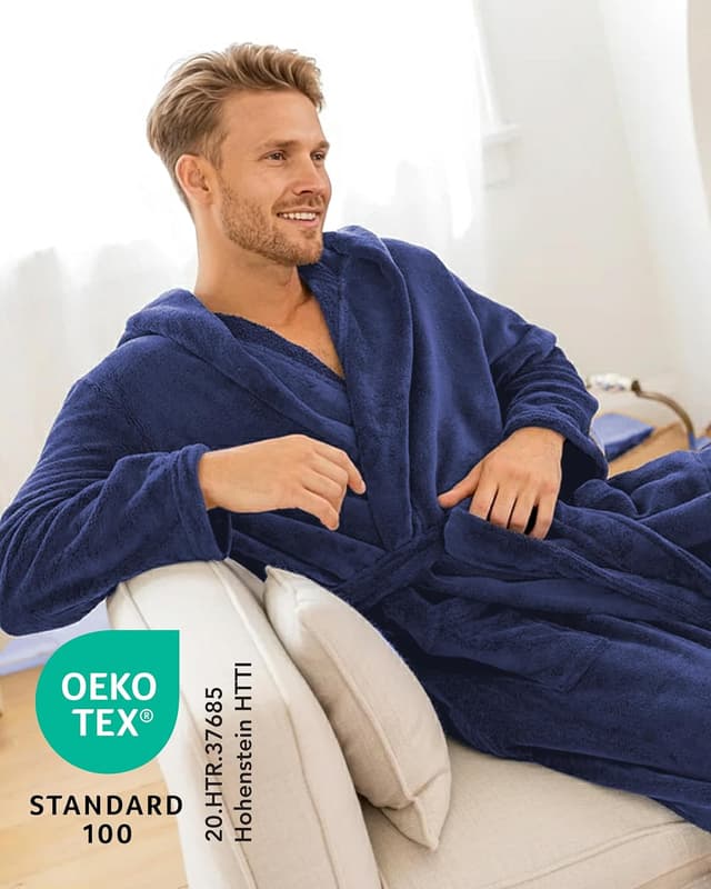 Detalle de Twinzen Kuschelfleece Morgenmantel mit Kapuze (unisex) – weich, warm & bequem, S (schwarz)