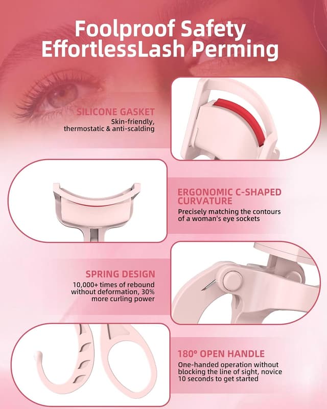 Detalle 2 de HOTRYEE Heated Eyelash Curler (Pink) — Type-C Quick Charge, 5-Second Heating, Temp Control